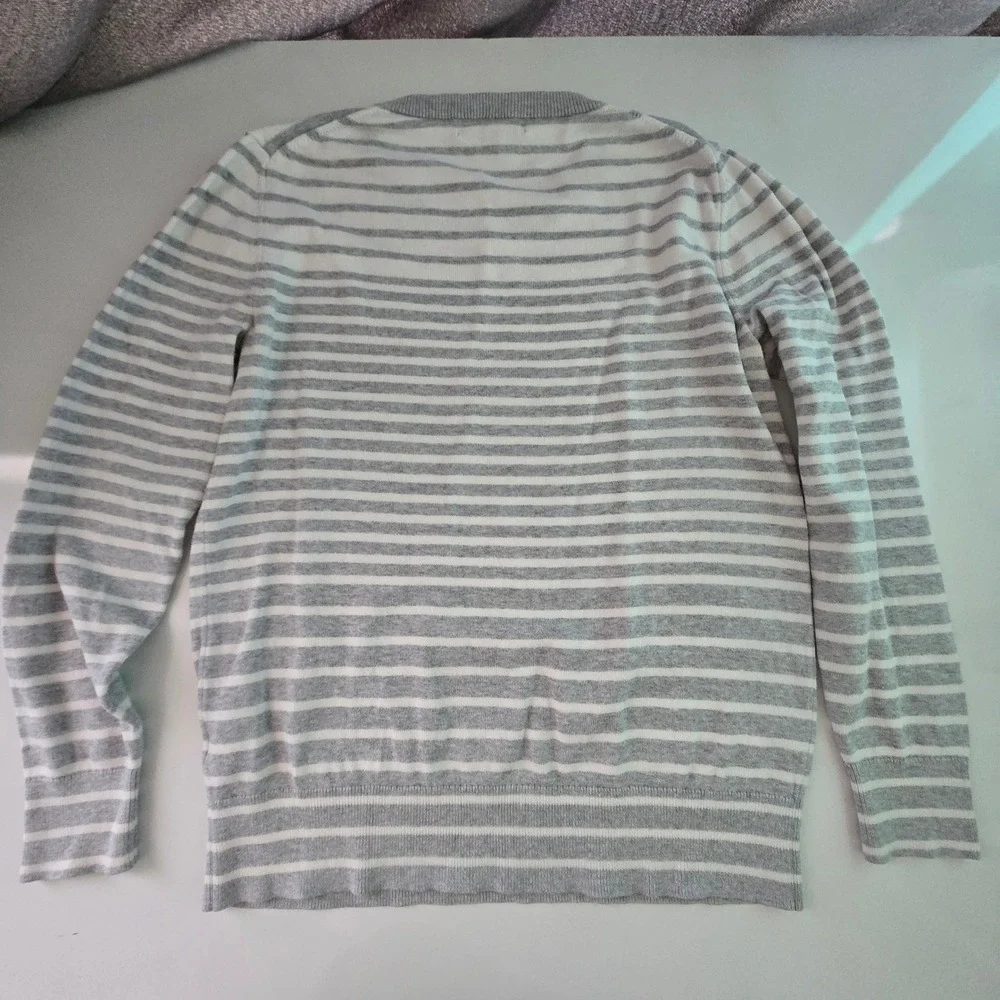 Banana Republic Mens Medium Gray White Striped Crewneck Knit Sweater Cotton